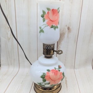 Vintage Milk Glass Three Way Electric Hurricane Lamp - Floral Detailing