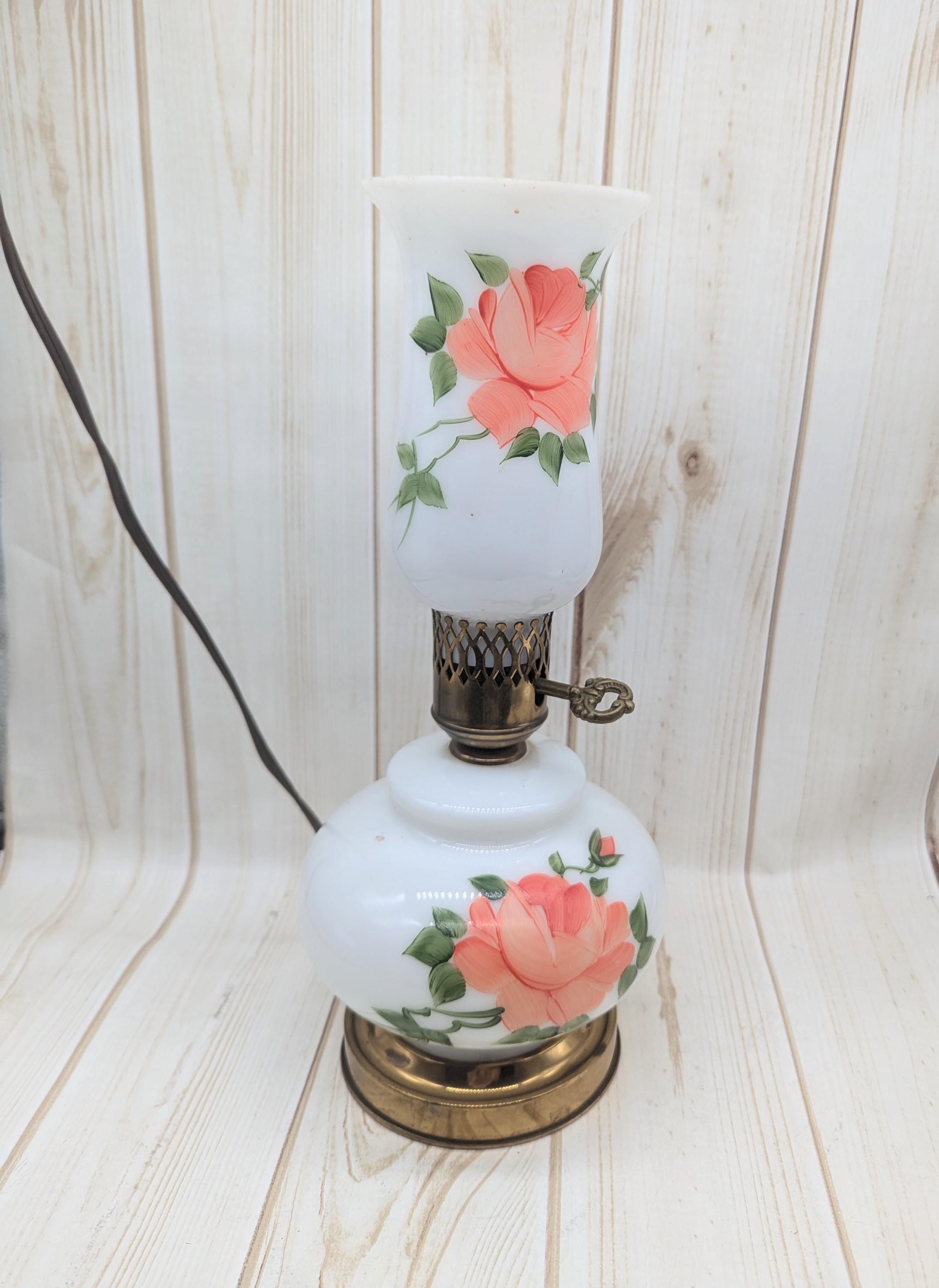 Vintage Milk Glass Three Way Electric Hurricane Lamp - Floral