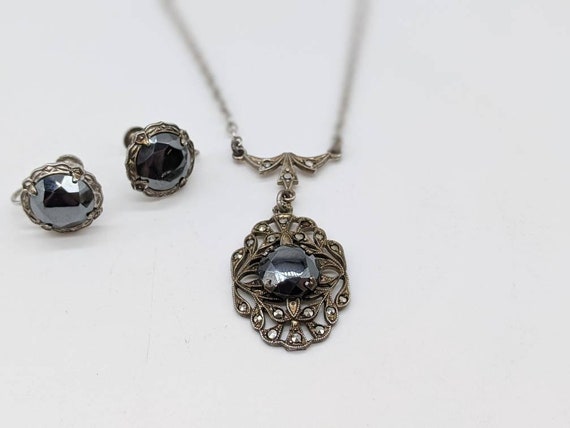 1910s Art Deco Sterling Silver Marcasite and Blac… - image 4