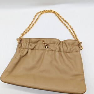 Vintage Beige Leather Clutch with Gold Tone Chain Shoulder Strap image 3