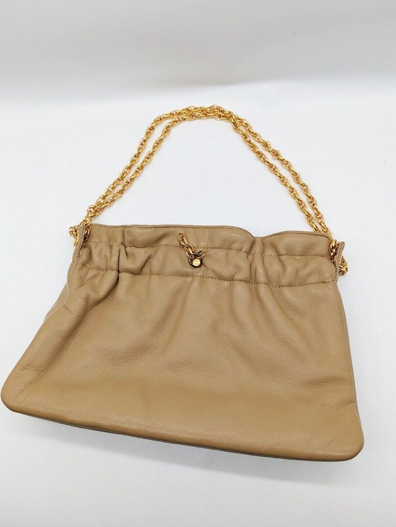 Vintage Beige Leather Clutch with Gold Tone Chain Shoulder Strap image 3
