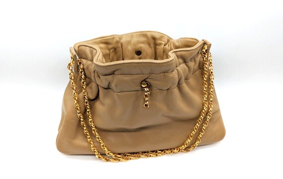 Vintage Beige Leather Clutch with Gold Tone Chain Shoulder Strap