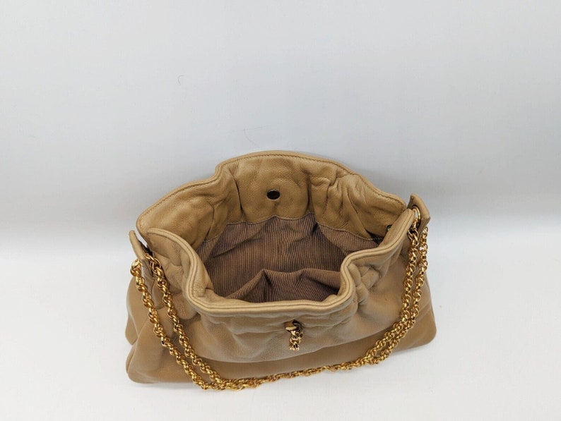 Vintage Beige Leather Clutch with Gold Tone Chain Shoulder Strap image 6
