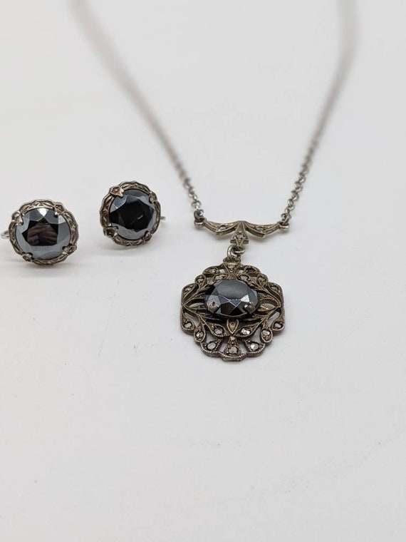 1910s Art Deco Sterling Silver Marcasite and Blac… - image 3