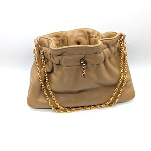 Vintage Beige Leather Clutch with Gold Tone Chain Shoulder Strap image 5