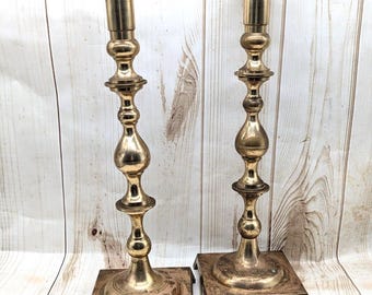 Pair of Matching 15" Tall Brass Candlestick Holders - MCM Brass Made In Japan