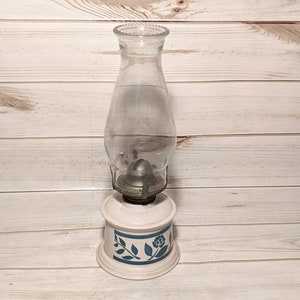 Vintage The Lamp Shop Farms Floral Blue and White Stoneware Ceramic Base Hurricane Oil Lamp Decor