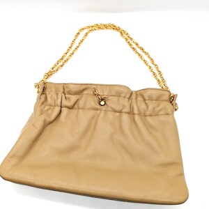 Vintage Beige Leather Clutch with Gold Tone Chain Shoulder Strap image 2
