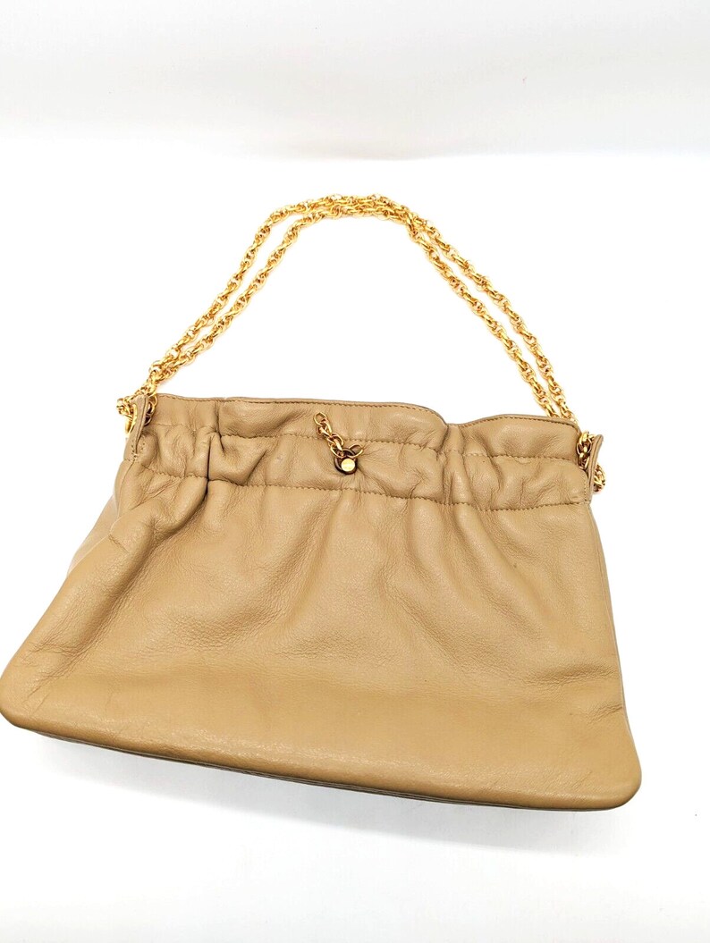 Vintage Beige Leather Clutch with Gold Tone Chain Shoulder Strap image 2