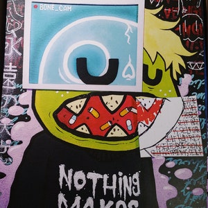 May include: A black and white illustration of a cartoon character with a green face and a large mouth. The character is wearing a black shirt with the text "NOTHING MAKES SENSE" written in white. The background is a collage of different colors and textures, including pink, purple, and yellow. The image also includes the text "BONE_CAM" and "DROODLE".
