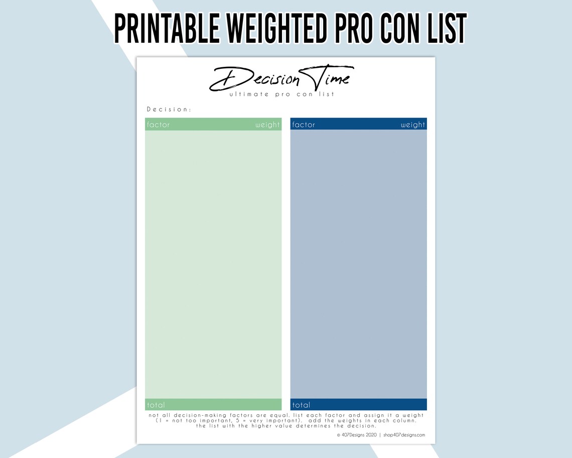 Printable Weighted Pro Con List Pros and Cons List Pro and Con Sheet ...
