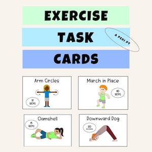Puede incluir: Cuatro tarjetas de tareas ilustradas para el ejercicio. Las tarjetas son azules, verdes y blancas. Las tarjetas presentan ilustraciones de personas haciendo círculos de brazos, marchando en su lugar, haciendo el ejercicio de la almeja y el perro boca abajo. Las tarjetas indican el número de repeticiones o segundos que se deben realizar para cada ejercicio.