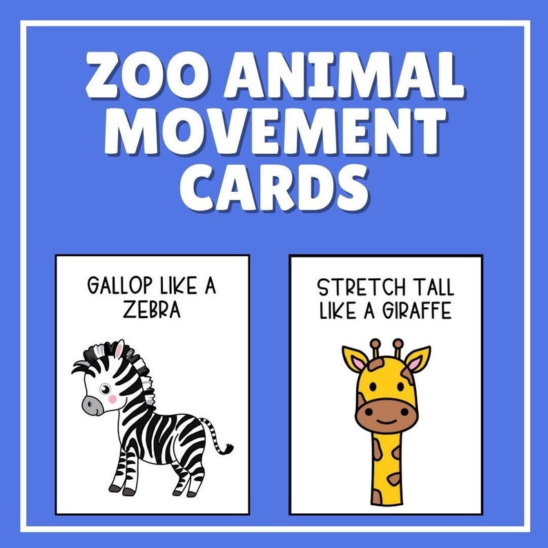 May include: Two printable cards with black outlines and white backgrounds. The card on the left has a black and white zebra illustration and the text "GALLOP LIKE A ZEBRA". The card on the right has a yellow giraffe illustration and the text "STRETCH TALL LIKE A GIRAFFE".
