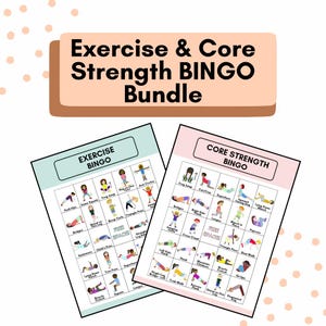 Puede incluir: Dos tarjetas de bingo imprimibles, una para ejercicio y otra para la fuerza del core. Cada tarjeta presenta una cuadrícula de 25 casillas con ilustraciones de diferentes ejercicios. La tarjeta de ejercicio está sobre un fondo azul claro y la tarjeta de fuerza del core está sobre un fondo rosa claro. Ambas tarjetas tienen la palabra "BINGO" en el título.