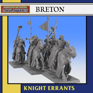 May include: A set of grey plastic miniature figures depicting mounted knights, labeled as Breton Knight Errants by Monstrous Encounters Miniatures. The figures include riders on horseback, some holding swords, flags, and a trumpet, all on rectangular bases.