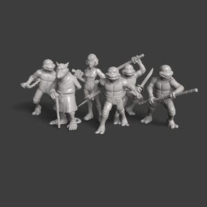 May include: A group of seven gray figurines, including four Teenage Mutant Ninja Turtles, Splinter, April O'Neil, and a fifth turtle. The turtles are armed with weapons, and the figures are posed on a gray surface.