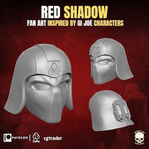 Può includere: Caschi grigi renderizzati in 3D, ispirati ai personaggi di GI Joe, sono mostrati su sfondo rosso. I caschi presentano un'emblema a teschio e ossa incrociate e una copertura per il viso. Il testo "RED SHADOW" e "FAN ART INSPIRED BY GI JOE CHARACTERS" è visibile.