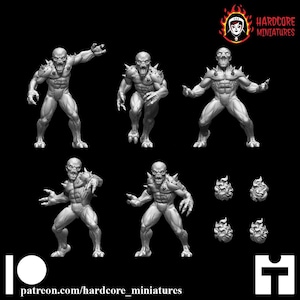 May include: A set of four grey, muscular humanoid monster miniatures in various dynamic poses, featuring sharp teeth, clawed hands, and spiked shoulder armour. Four small, separate flame-shaped accessories are included alongside the figures.