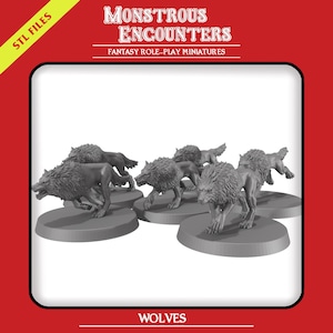 Puede incluir: Un conjunto de miniaturas de lobos grises para juegos de mesa, cada una montada sobre una base circular. El texto Monstrous Encounters, Fantasy Role-Play Miniatures, STL Files y Wolves es visible en el fondo rojo que rodea las figuras.