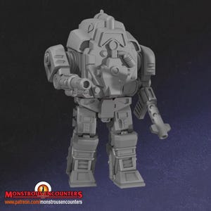 May include: A gray, 3D-printed model of a bipedal robot with a detailed, mechanical design. The robot has a large, boxy torso, articulated limbs, and various weapon-like attachments. The base of the image has the text "MONSTROUS ENCOUNTERS" and a website address.