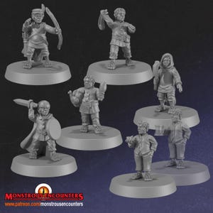 May include: A set of seven unpainted gray miniature figures of small humanoids with large feet, each on a circular base. The figures hold various items including a bow, a pouch, a hammer, a sword, a shield, a roasted bird, and a drinking mug.