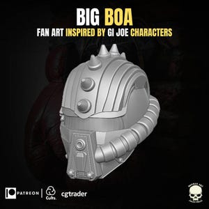 Puede incluir: Un casco gris renderizado en 3D con un diseño futurista, con múltiples protuberancias redondeadas y una pieza de cuello acanalada. El texto "BIG BOA" y "FAN ART INSPIRED BY GI JOE CHARACTERS" se muestra en la parte superior.