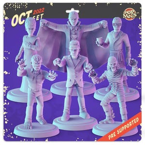 Peut inclure: Ensemble de six figurines Pop Minis représentant des monstres de cinéma classiques, dont le monstre de Frankenstein et la Créature du lagon noir. Les figurines grises claires sont posées sur des socles ronds. L'emballage indique "OCT 2022 SET" et "PRE SUPPORTED."