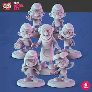 May include: A set of seven light purple 3D printed figurines featuring six small characters with round hats and one central tall character with a long robe. The text Pop Minis 2026 April Set and 6 STLs is visible on the image. Each figure stands on a circular base.