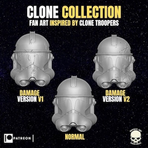 May include: A graphic featuring three Clone Trooper helmets. The top text reads "CLONE COLLECTION" and "FAN ART INSPIRED BY CLONE TROOPERS." The helmets are labeled "DAMAGE VERSION V1," "NORMAL," and "DAMAGE VERSION V2."
