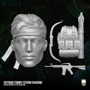 May include: A gray 3D-printed model kit featuring a head with a headband, a backpack with an attached quiver, a bow, and a rifle. The text reads VIETNAM TOMMY (STORM SHADOW) FAN ART INSPIRED BY GI JOE CHARACTERS and includes a skull logo.