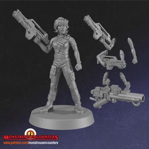 May include: A gray plastic miniature figure of a character standing on a circular base, wearing a short-sleeved shirt, pants with pockets, and a belt. The figure holds a rifle. Additional parts include two separate arms with rifles and one arm.