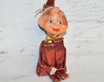 Vintage Red Sparkly Pixie Knee Hugger Elf with Gold Bow Tie, Pixie Elf, Vintage Christmas (3910)