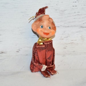 Vintage Red Sparkly Pixie Knee Hugger Elf with Gold Bow Tie, Pixie Elf, Vintage Christmas (3910)