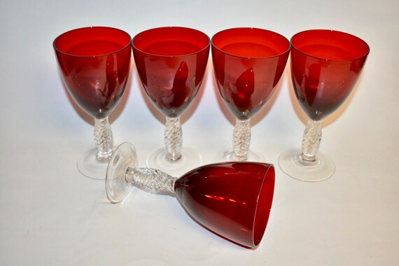Vintage Red Goblet Wine Glasses Set Of 5 3463 Etsy
