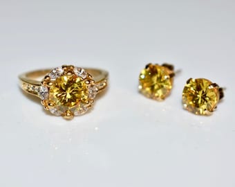 Vintage Statement Ring, Yellow Glass with Earrings Set (3159)