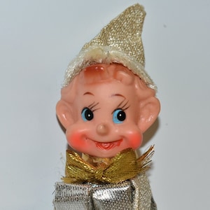 Vintage Silver Lame Pixie Knee Hugger Elf, Christmas Ornament, 1950s Christmas (4198)