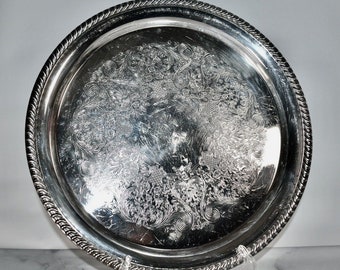 Vintage William Rogers and Company Round Silver Tray, Rope Detail, 12 Inch Tray, Marked 171