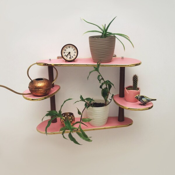 Pink Plant Shelf Vintage Atomic Flower Tiered Holder Mid Century Modern Wall Decor tier floating shelf knick-knacks collectibles display