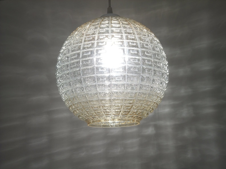 70s Pendant Lamp Big Globe Hanging Ceiling Light Hallway Mid Century Modern Aloys Gangkofner Style Amber Art Deco Crystal Pressed Glass