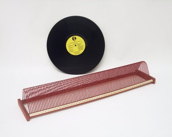 70s Record Stand Large 100 Singles Storage Holder Wood Red Metal Wire Vinyl Rack Mid Century Modern LP Mid Century Modern Vintage Retro