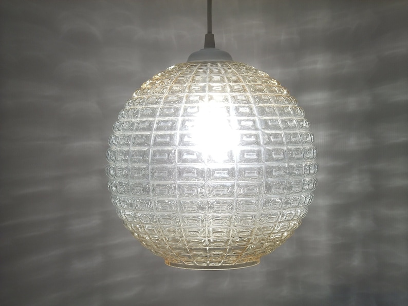 70s Pendant Lamp Big Globe Hanging Ceiling Light Hallway Mid Century Modern Aloys Gangkofner Style Amber Art Deco Crystal Pressed Glass