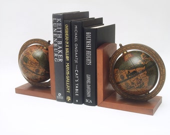 Vintage Globe Bookends 2 spinning supports wooden book ends props pair set mid century antique style world gift for book history lovers