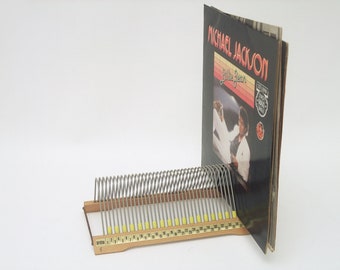 70s Record Stand Singles Storage Holder Griffix Wood Yellow Metal Wire Vinyl Rack Mid Century Modern LP Mid Century Modern Vintage Retro