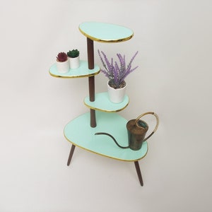 Vintage Plant Stand 60s Mid Century Modern Tiered multi level flower side table mint green top wood stool atomic space age shelf