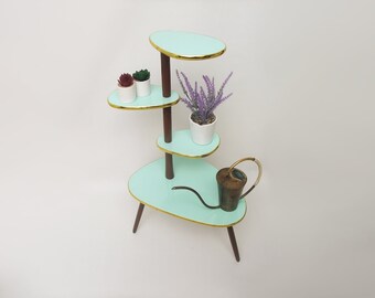 Vintage Plant Stand 60s Mid Century Modern Tiered multi level flower side table mint green top wood stool atomic space age shelf