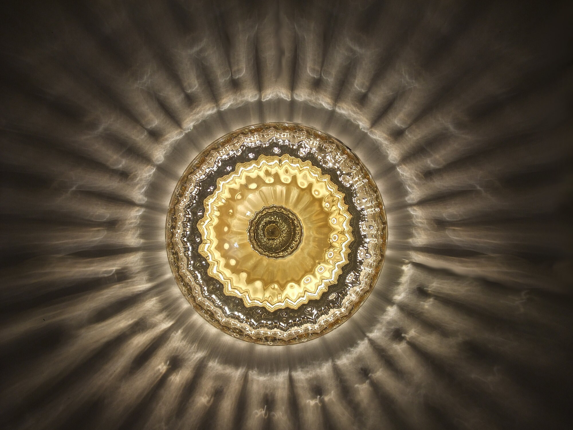 70s Rzb Flush Mount Ceiling Light Wall Lamp Sunburst Textured Big Sconce Mirrored Glass Gold Round Mid Century Modern Pattern Vintage German