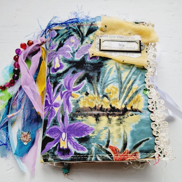 IRIS Mini Junk Journal, HANDMADE, Fabric cover, Stress Journal, FREE Shipping in N America "only", Nature, Flowers, hand sewn