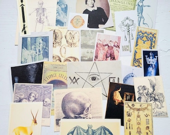 May include: A collection of vintage ephemera featuring illustrations of a skeleton, a bat, a skull, a star with an eye in the center, and a key. The ephemera is on a white background.