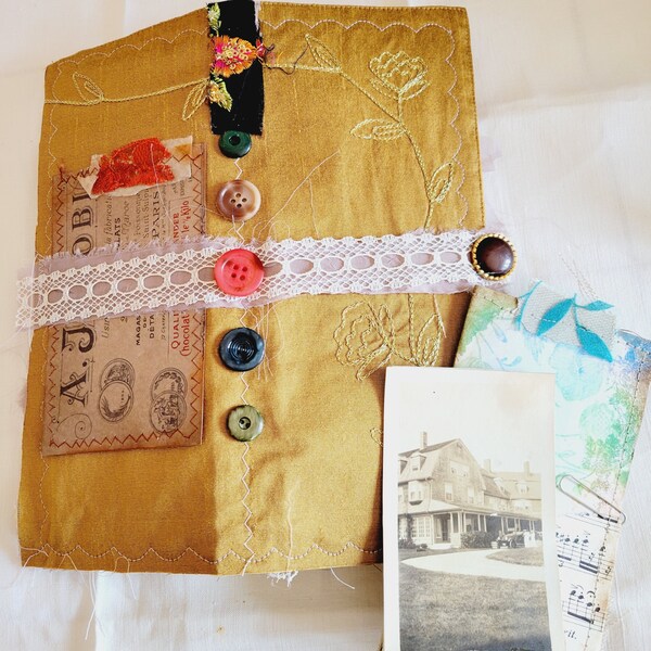 Tall Junk Journal, EL1309, Antique, HANDMADE, FREE shipping in N. America only, journal tags, hand sewn, collaged pages,