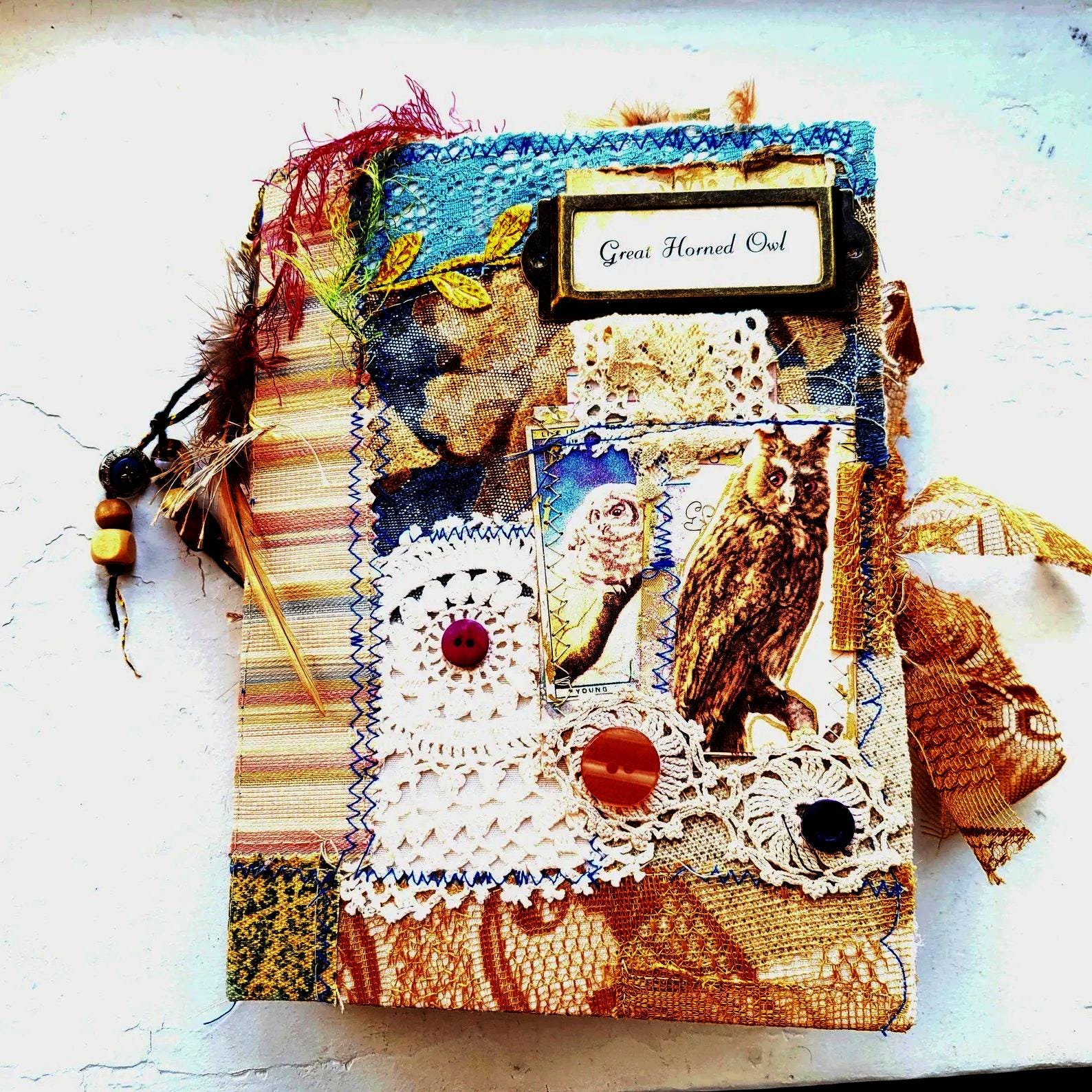 Handmade Owl Junk Journal: Vintage Woodland Fabric Cover